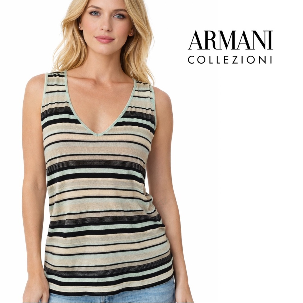 Armani Collezioni Sheer Sleeveless Blue Black Grey & Cream Stripe Tank 10 Medium